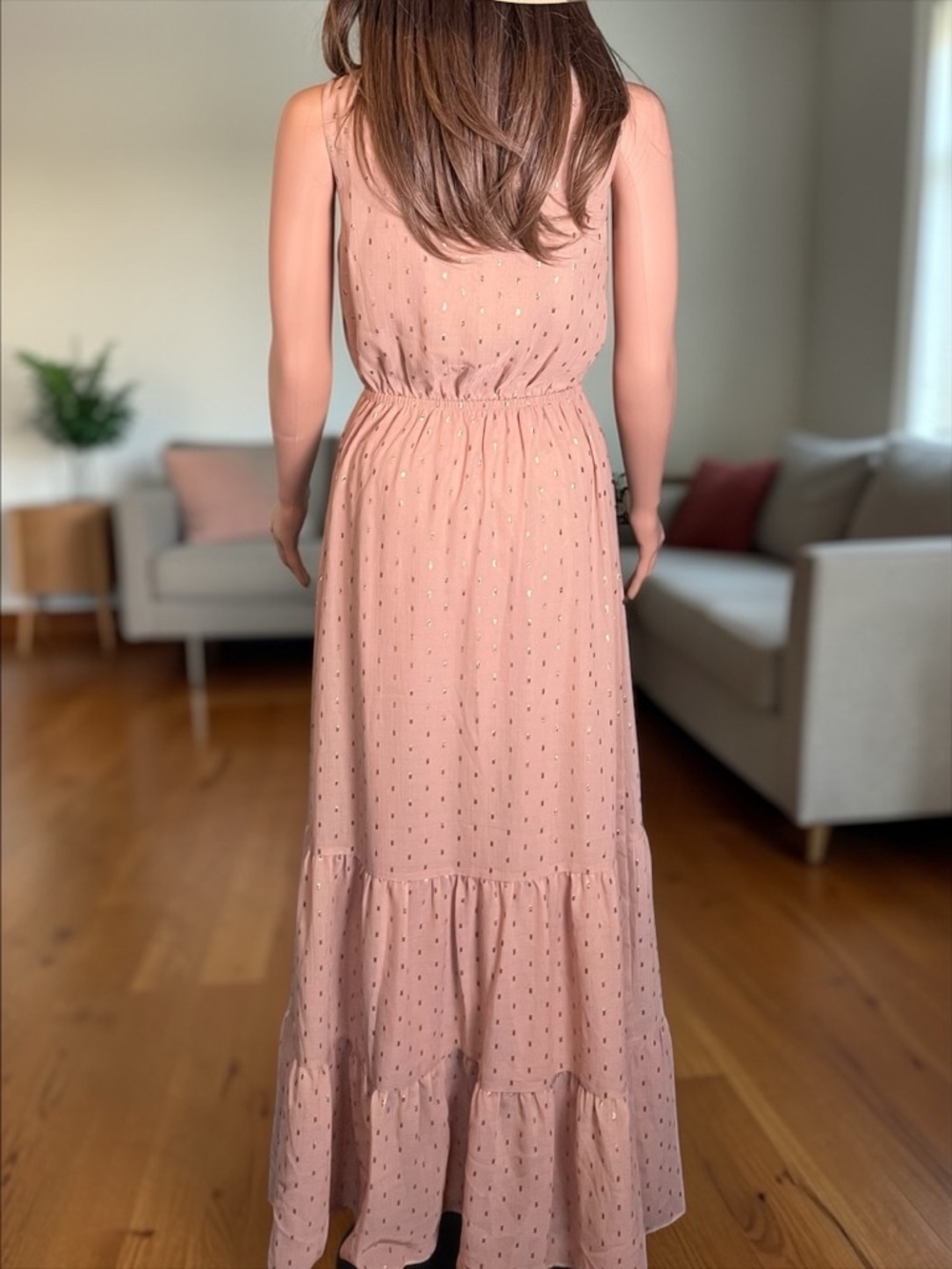 Express Dusty Rose Maxi Dress XS Ruffle Metallic Accent Elastic Waist - Picture 5 of 9